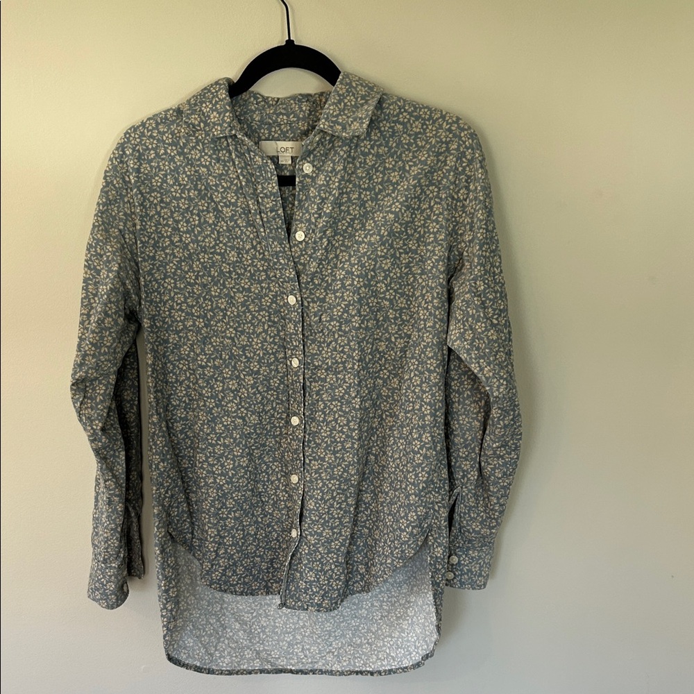 LOFT Blue Micro Floral Button-Down Shirt